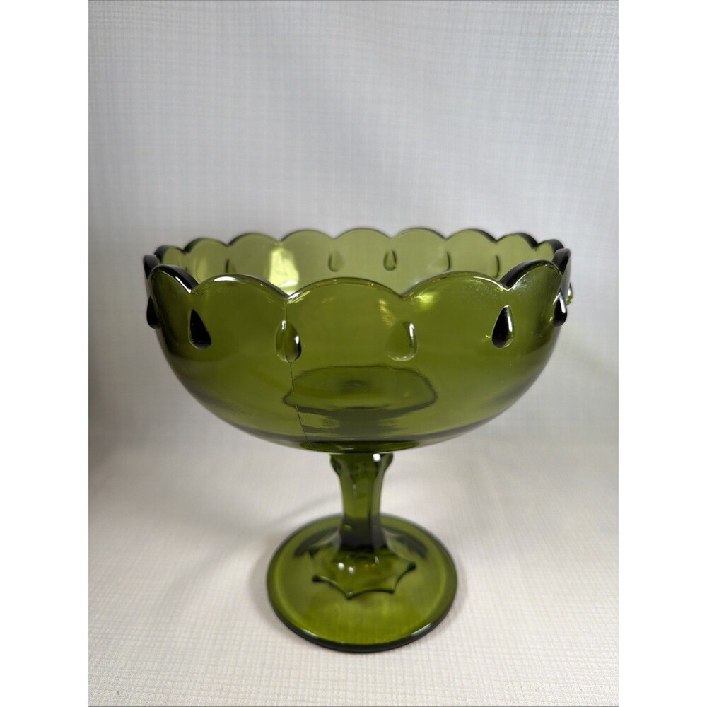 MCM Indiana Glass Avocado Green Teardrop Footed Candy Fruit Centerpiece Bowl